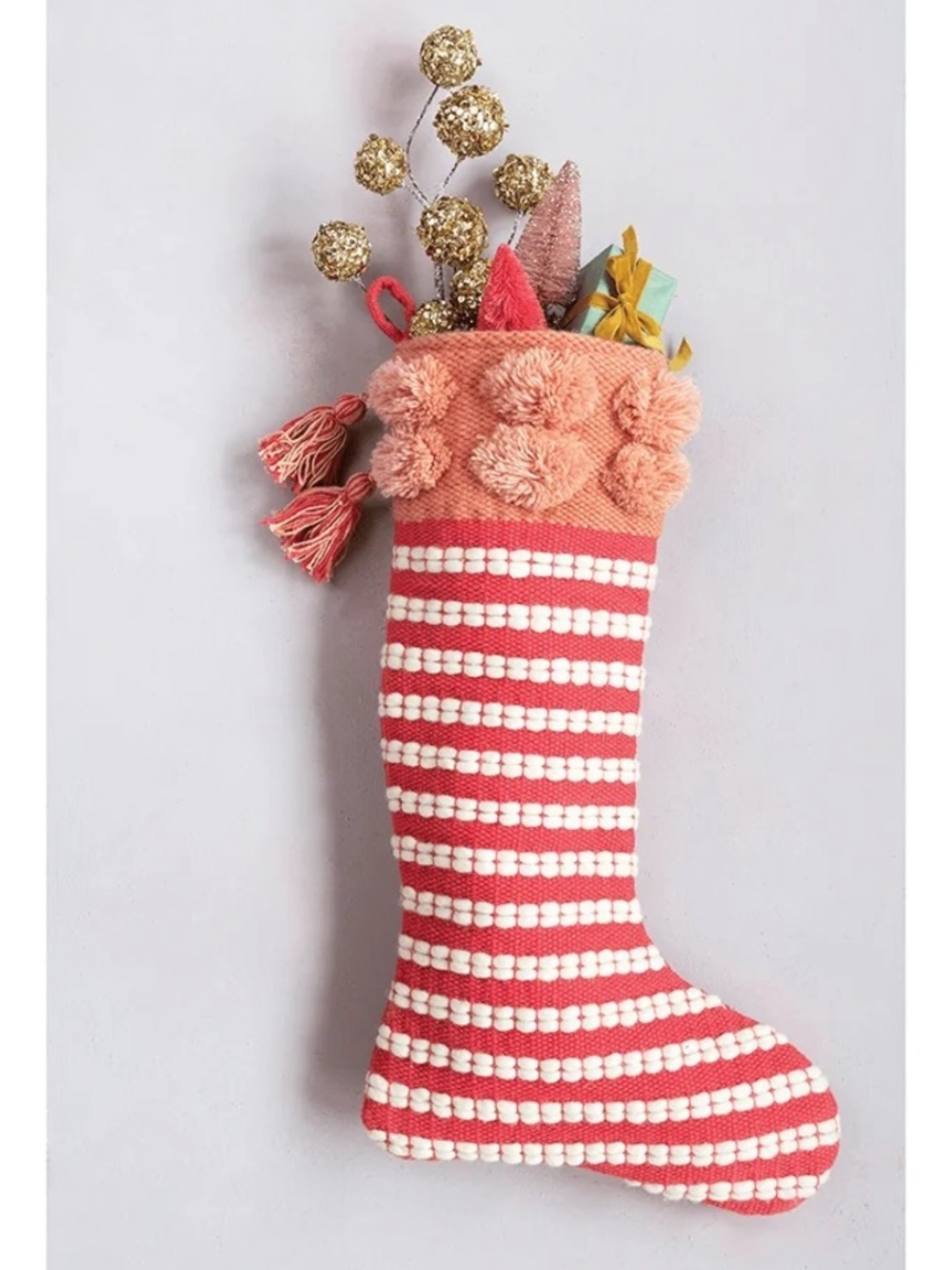 Creative Co-op Woven Pom Pom Christmas Stocking